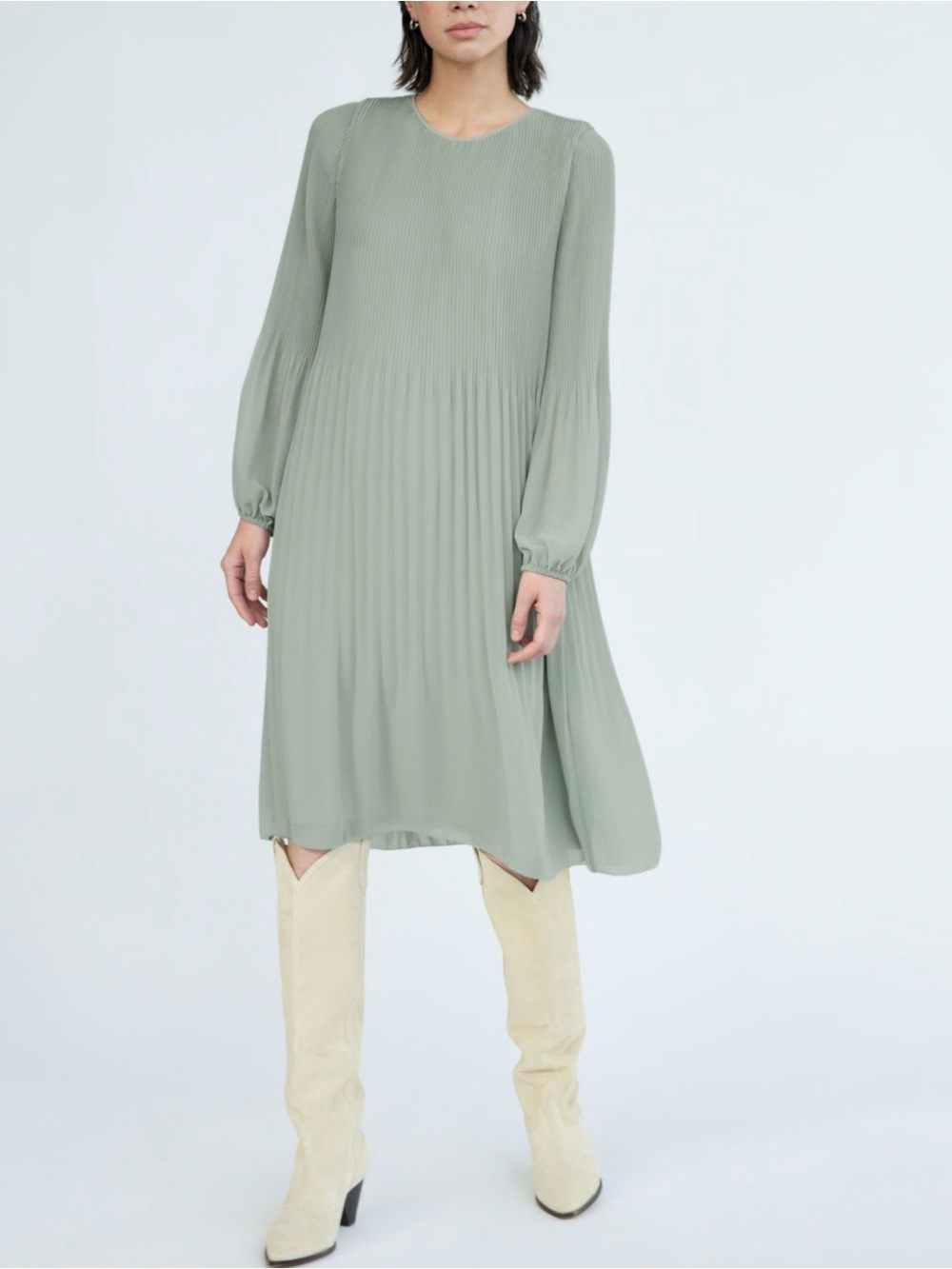 Wilfred Aritzia Green Pleated Long Sleeve Midi Daydreamer Dress Large Chic